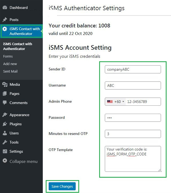 Configure WordPress iSMS Contact Form Authenticator Plugin Indonesia